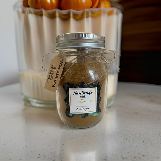 13.5 oz. PUMPKIN SPICE BUTTERCREAM SOY WOODWICK CANDLE in mason jar.